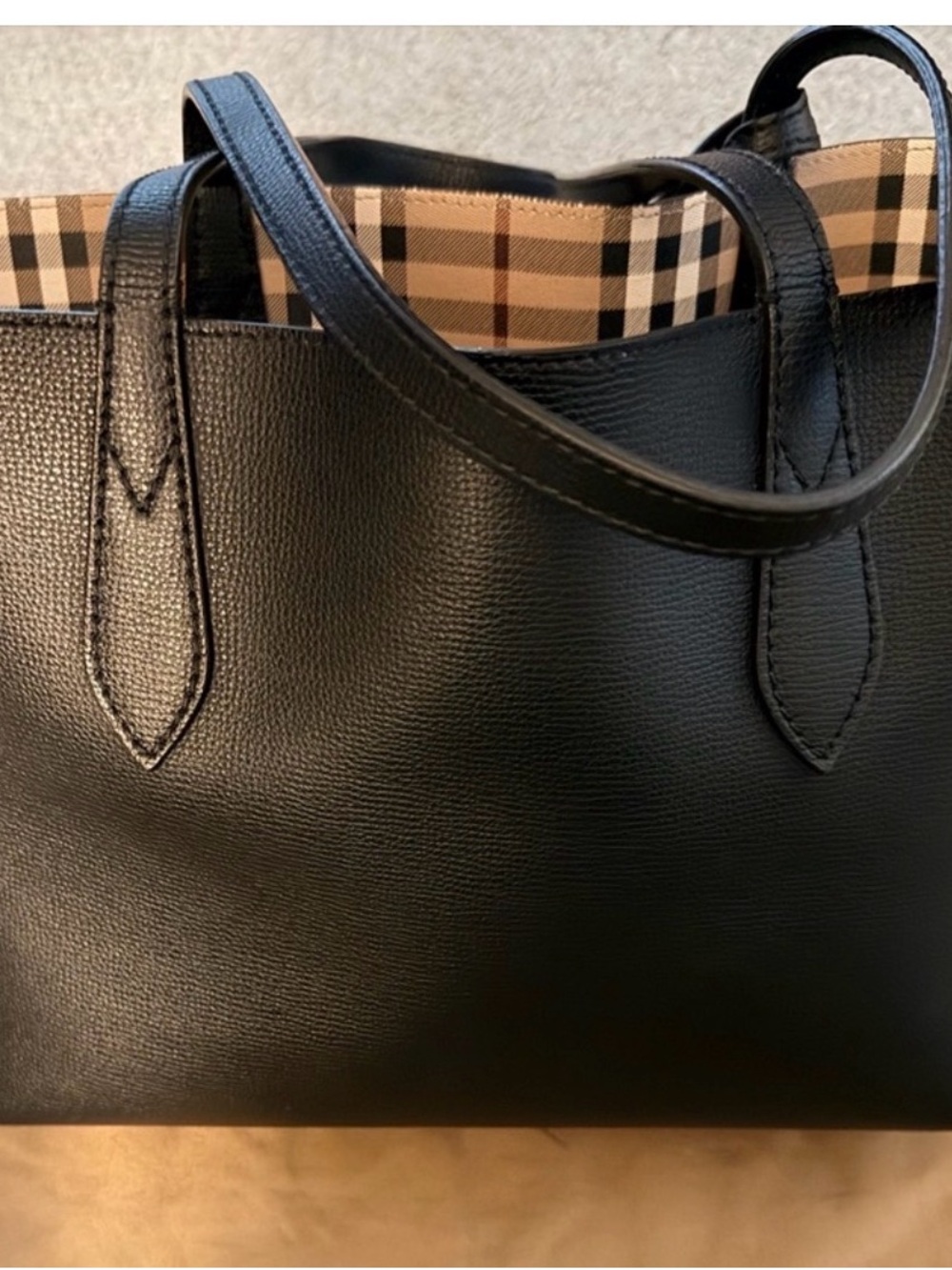 Black Leather Tote Bag with Checkered Interior